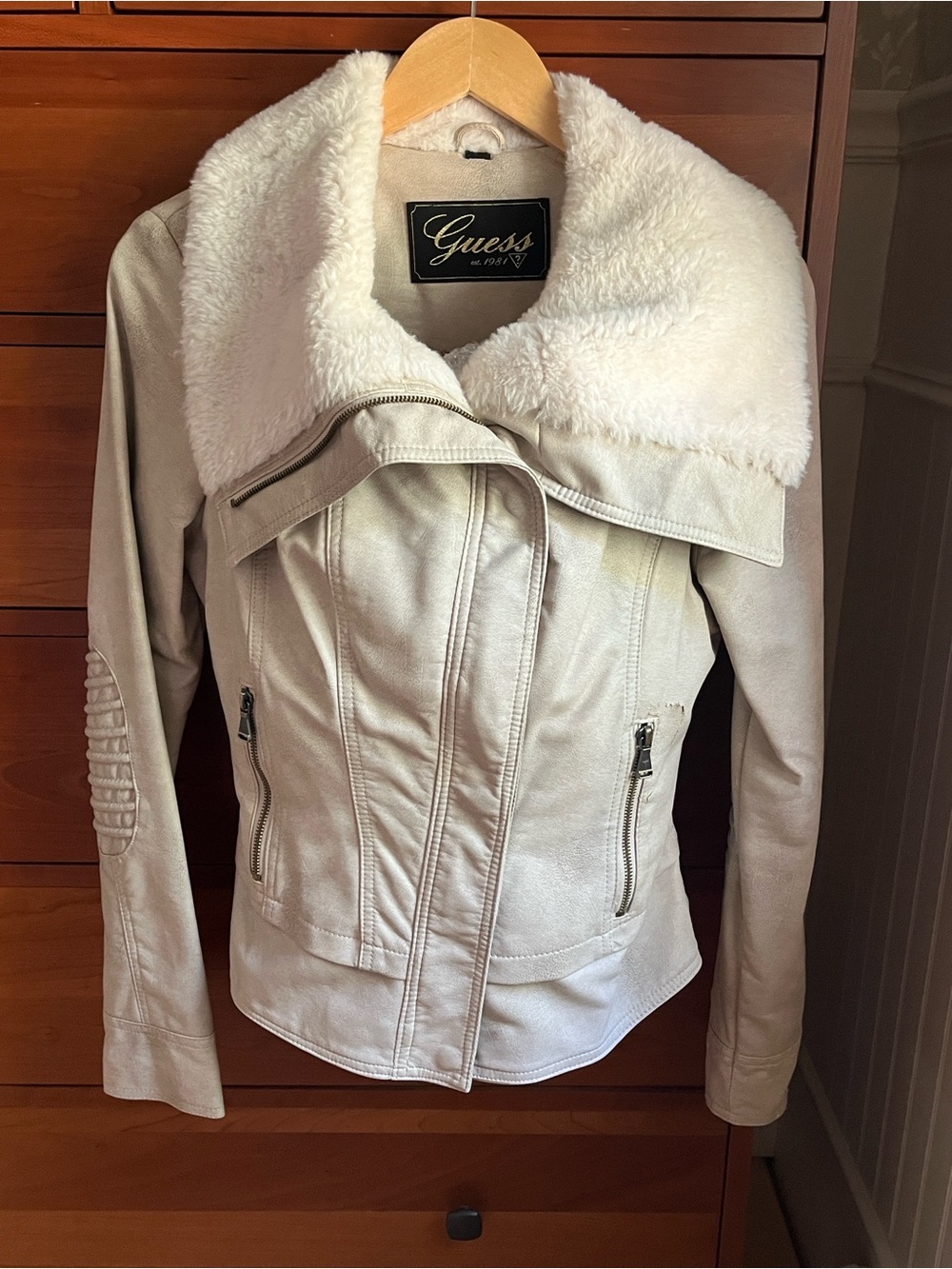 GUESS Cream Faux-Sherpa Collar Moto Jacket